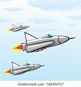 Flying jet fighter with missile. Vector illustration of war airplane in sky