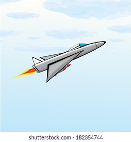 Flying jet fighter with missile. Vector illustration of war airplane in sky