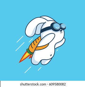 Flying Jetpack Rocket Rabbit Launching in Sky Isolated in Flat Vector and Bright Contrasting White and Blue