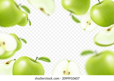 Flying juicy apples, seamless pattern background with a whole and sliced fruits with leaves. Falling green apples with blurred effect. Realistic 3D vector, isolated on transparent background.