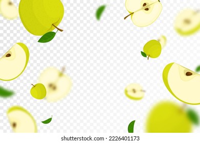 Flying juicy apples, seamless pattern background with a whole and sliced fruits with leaves. Falling green apples with blurred effect. Realistic 3D vector, isolated on transparent background.