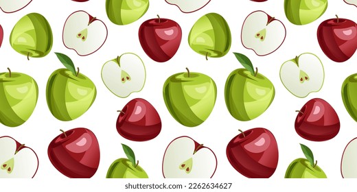 Fliegende saftige Äpfel, nahtloser Muster-Hintergrund mit einem Ganzen und geschnittene Früchte mit Blättern. Vektorkontrastmuster für Stoffe, Wallpaper und Ihre Kreativität.