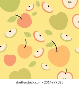 Manzanas jugosas voladoras, fondo de patrón sin fisuras, con frutos enteros cortados con hojas.