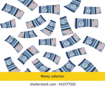 Flying kazakhstani tenge banknotes. Money rain. Falling tenge