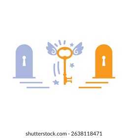 Flying key between two doors. Pictogram. Iconic illustration for banner, ppt, poster, and art work.