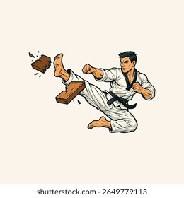 Voando chute artes marciais com uma placa de madeira quebrando