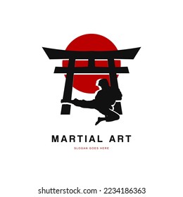 Flying kick silhouette with tori gate and sun logo, for martial art, judo and karate logo design