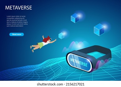 Flying kid experience 3D metaverse virtual reality game on wearing goggle glass in futuristic environment. Metaverse equpment for visualisation and simulation game technology concept.