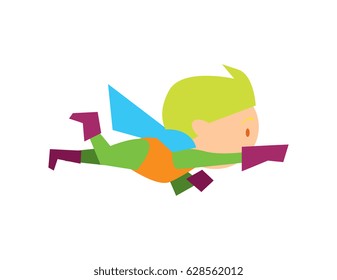 Flying kid in superman costume vector illustration isolated on white background. Boy in superhero costume character in flat design.