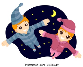 Flying Kids in PJs - Vector