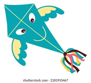 Flying kite. Blue paper toy with ribbon tail and funny face. Makar Sankranti celebration. Summer festival. Isolated object hovering in sky. Outdoor leisure. Vector