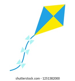 Flying kite with bows in yellow-blue color vector flat icon isolated on white