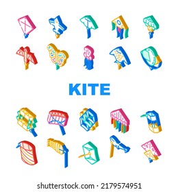 Flying Kite Children Funny Toy Icons Set Vector. Flying Kite In Airplane And Rocket Shape, Jellyfish And Fish Form, Stingray And Butterfly. Outdoor Game Enjoying Isometric Sign Color Illustrations