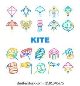 Flying Kite Children Funny Toy Icons Set Vector. Flying Kite In Airplane And Rocket Shape, Jellyfish And Fish Form, Stingray And Butterfly. Outdoor Game Enjoying Color Illustrations