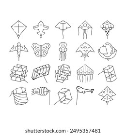 Flying Kite Children Funny Toy Icons Set Vector. Flying Kite In Airplane And Rocket Shape, Jellyfish And Fish Form, Stingray And Butterfly. Outdoor Game Enjoying Black Contour Illustrations