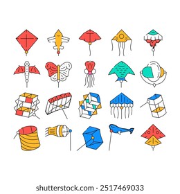 Flying Kite Children Funny Toy Icons Set Vector. Flying Kite In Airplane And Rocket Shape, Jellyfish And Fish Form, Stingray And Butterfly. Outdoor Game Enjoying color Contour Illustrations