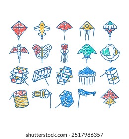 flying kite children funny toy doodle icons set vector. sketch line art flying kite in airplane and rocket shape, jellyfish and fish form, stingray and butterfly. outdoor game color illustrations