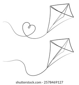 Flying kite continuous one line drawing. Kite outline vector illustration. Isolated on white background.