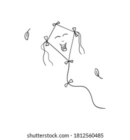 Flying kite. Hand drawn childish coloring page. Autumn motif.