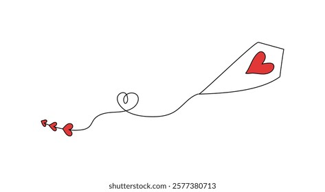 Flying kite. Hearts. Valentine's day, holiday. Simple drawing, doodle. White background isolated.