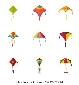 Flying kite icon set. Flat set of 9 flying kite vector icons for web design