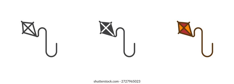 Fliegender Drachen Symbol in Linie gesetzt, feste und gefüllte Umrisse bunten Stil. Outdoor Herbst Drachen Symbol, Farbe, Vektorzeichen und Symbol. Spielerisches Ikonenpaket für saisonales Design.