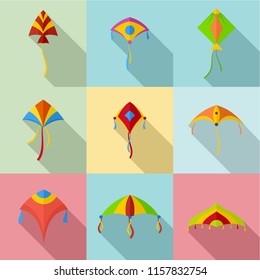 Flying kite icons set. Flat set of 9 flying kite vector icons for web isolated on white background