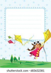 Flying with a kite, new adventures, funny vector cartoon, ready for your message, notebook,  blank template symbol. Vector illustration 