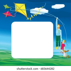 Flying with a kite, new adventures, funny vector cartoon, ready for your message, notebook,  blank template symbol. Vector illustration