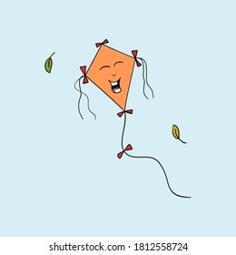 Flying kite on blue sky, with face. Isolated cartoon hand drawn illustration.