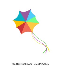 Flying kite rainbow pattern isolated on white background, soar or flying, holiday kites, recreation activity, sankranti traditional india ceremony, vector illustration