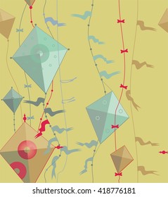  Flying kite. A seamless pattern of a flying kite on cables with flags in red, green, beige on  a light yellow background.