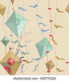 Flying kite. A seamless pattern of a flying kite on cables with flags in red, green, beige on a light beige background.
