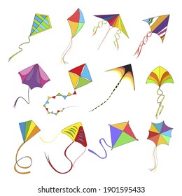 Flying kite set, colored kids toys in high sky, indian holiday makar sankranti, childhood play fly kite, entertainment playing. Vector illustration