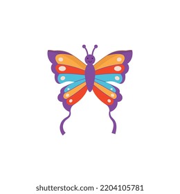 Fliegender Drachen in Form eines Schmetterlingsflusses, Vektorgrafik einzeln auf weißem Hintergrund. Farbiges Spielzeug zum Spielen im Freien, im Urlaub und auf dem Festival, Design-Element