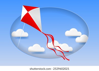 Cometa voladora en el cielo. Nubes 3D y cometa voladora. Ilustración vectorial