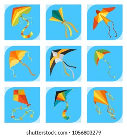 Flying kite snake serpent dragon kids toy colorful card outdoor summer activity vector illustration