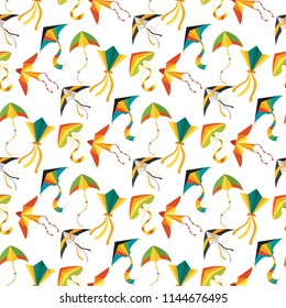 Flying kite snake serpent dragon kids toy colorful outdoor summer activity seamless pattern background vector illustration