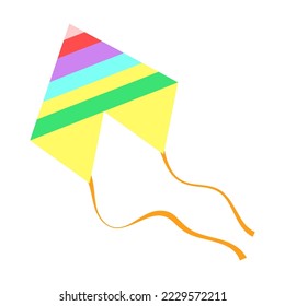 Flying kite with tales and ornaments. Toy, wind, festival concept. Colorful flying wind kite. Cartoon vector illustration