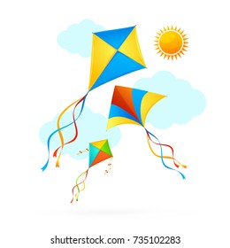 Flying Kite Toy and Blue Clouds on a Sky Summer Concept Background Holiday or Vacation Time. Vector illustration of Kites