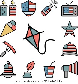 Flying kite USA flag icon in a collection with other items