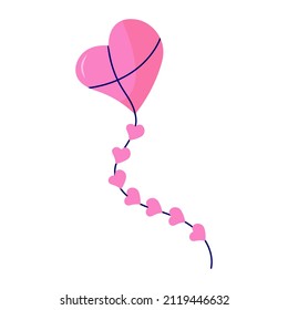 Flying kite-balloon in the shape of heart on white background. Outdoor summer activity toy. Festival symbol. Vector illustration.