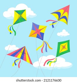 Flying kites among the clouds in the blue sky. Beautiful colorful devices made of paper and cardboard. Great for summer card, web page, flyer, invitation, print. Vector illustration