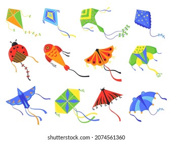 Flying kites. Cartoon colorful festive toys for kids, animals and different types geometric shapes waving in wind, game in sky for summer concepts neat vector illustration. Festival kite entertainment