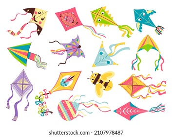 Flying kites. Different shapes and design flying toys, bright color craft objects, kids controlled device, bee and smiling faces, outdoor active summer games, vector