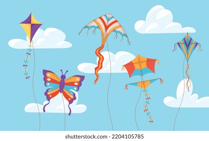 Volar comete diferentes formas en el cielo entre nubes de estilo plano, ilustración vectorial. Grupo de juguetes coloridos con cuerdas, juegos al aire libre, entretenimiento para niños y adultos