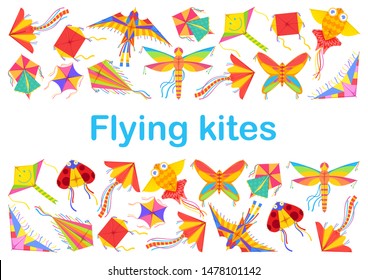 Flying kites kids summer game or summer festival. Vector cartoon kids of different shapes, ladybug and bird, butterfly and dragonfly, square origami fish, holiday leisure entertainment