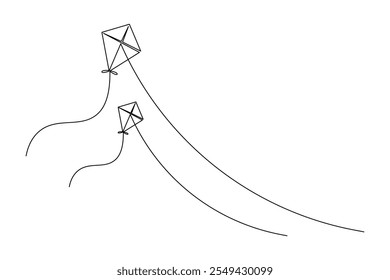 Flying kites  one line drawing of isolated outline flat vector icon