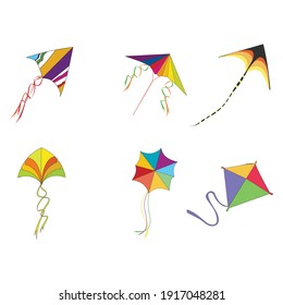 Flying kites with rope and colored pattern to playing kids or celebrating makar sankranti, outdoor activity in childhood, vector illustration