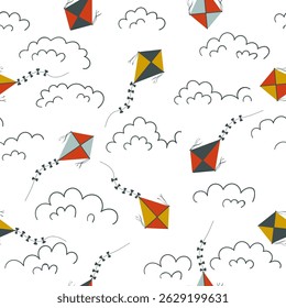 Flying kites seamless pattern. Childish summer print. Vector hand drawn illustration